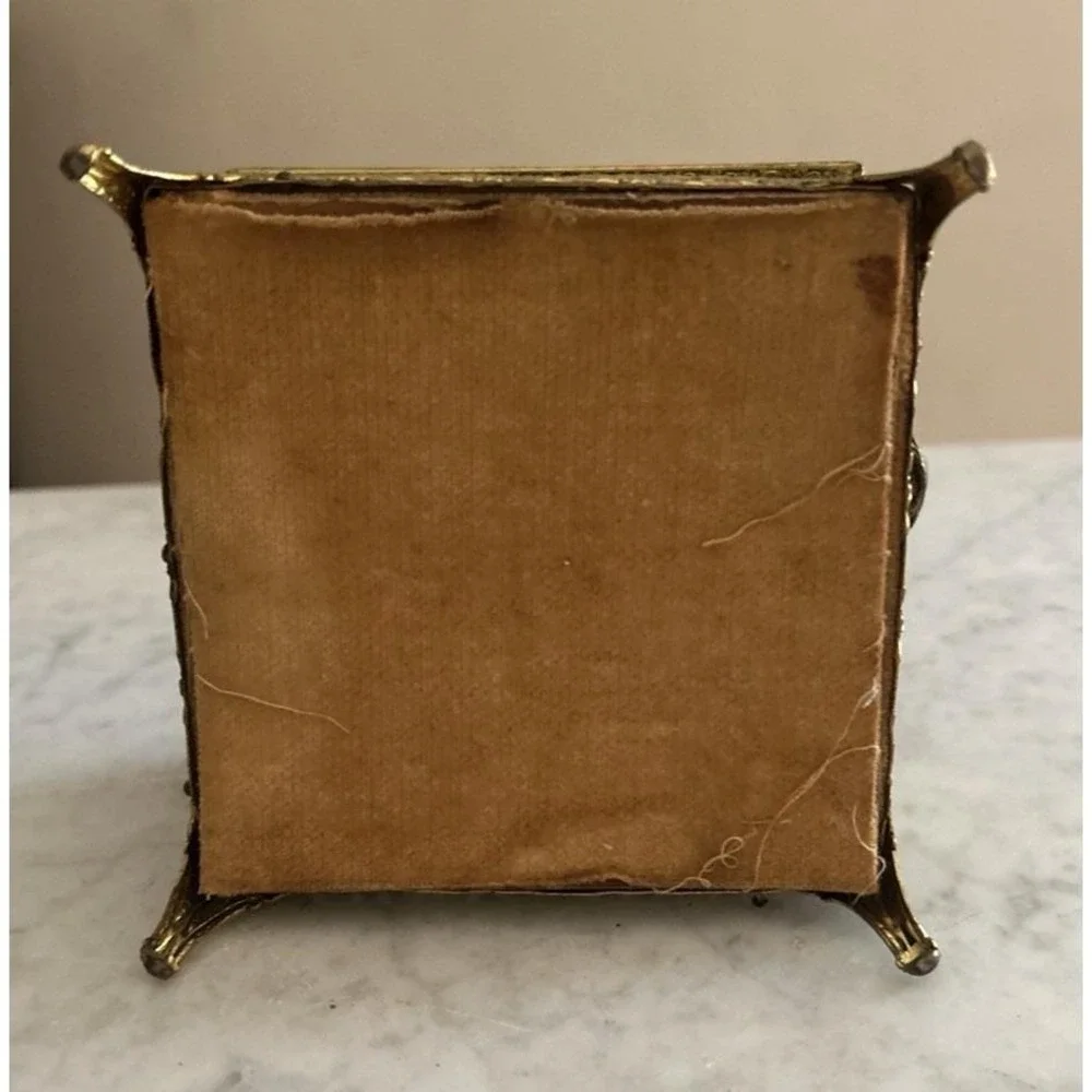 Vintage Jewelry Box Golden Filigree Beveled Glass Footed Full Of Crystal 5×6.5in